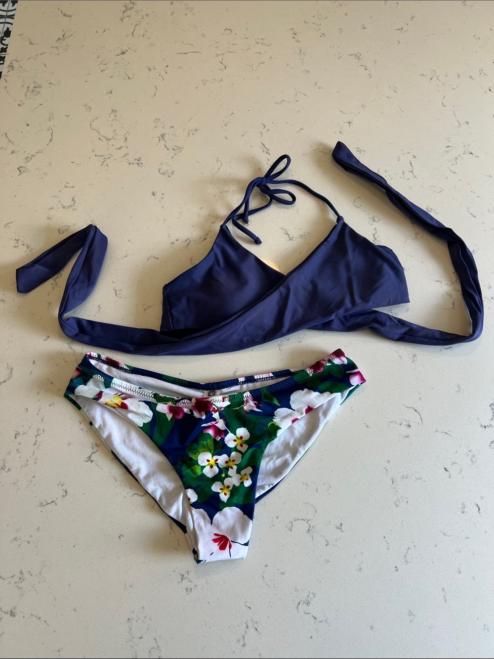 Navy Wrap Triangle Bikini Top with Floral Bikini Bottom Set